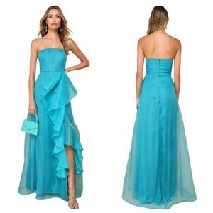 Lulus Exquisite Ease Teal Green Organza Strapless Ruffled Maxi Dress Size Small